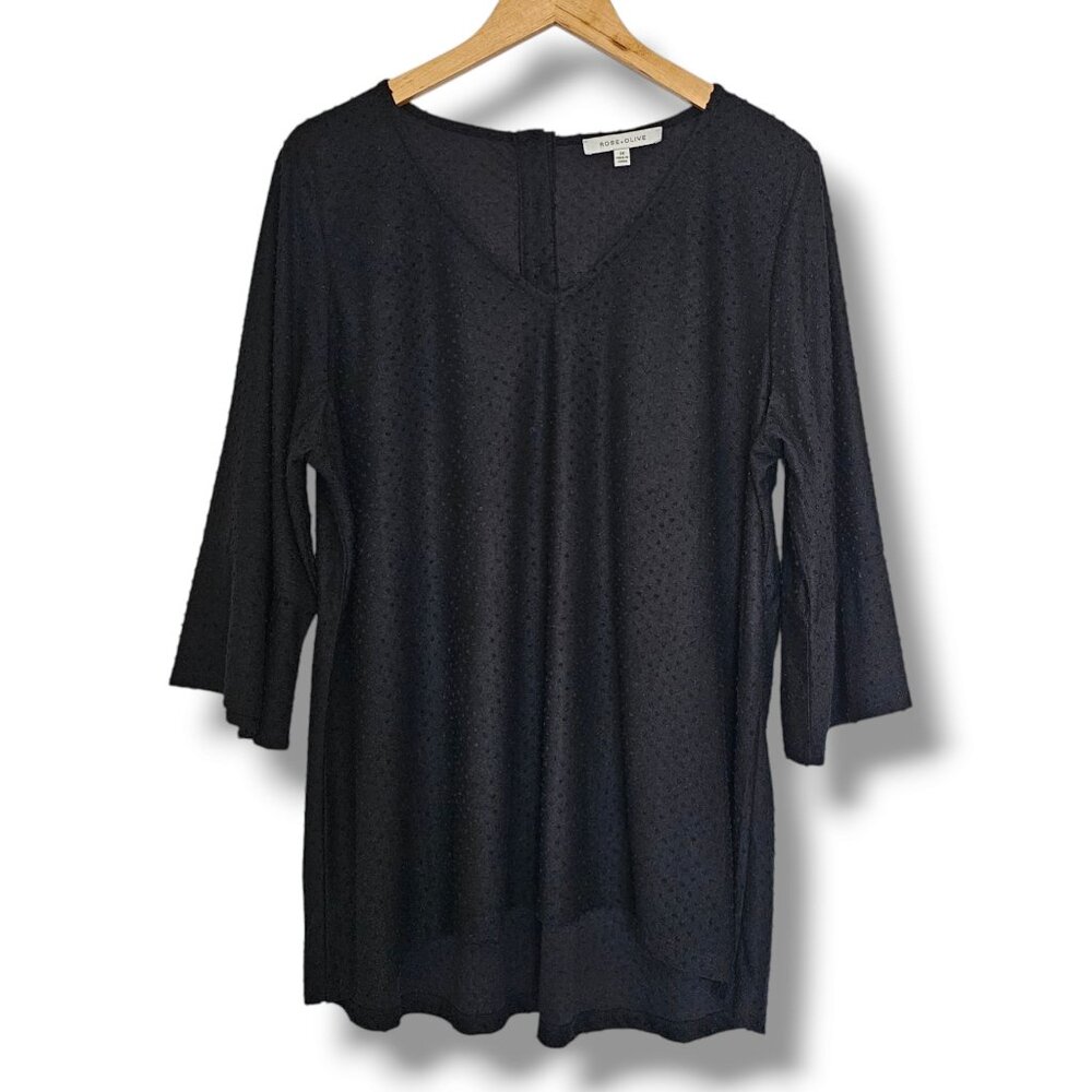 Rose + Olive Black Blouse Size 2X Swiss Dot Top 3/4 Bell Sleeve Whimsygoth Fairy